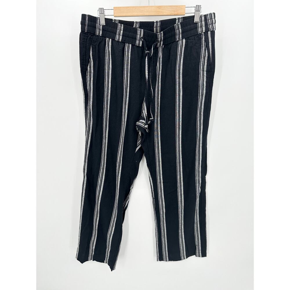 Ann Taylor Pants Women LARGE Black Cream Striped Elastic Waist Drawstring